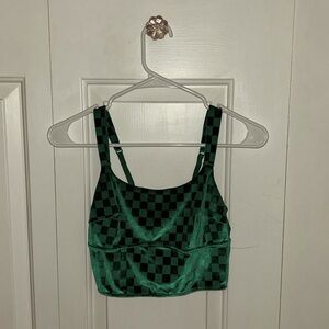 This is a checkered dark green crop top! It has a velvet texture but very cute!